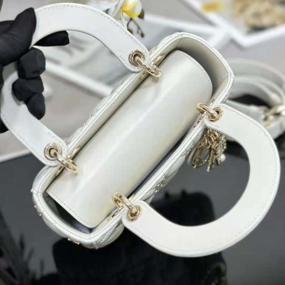 Dior Women Small Lady Dior Bag White Cannage Lambskin with Gold-Finish Butterfly Studs - image 7