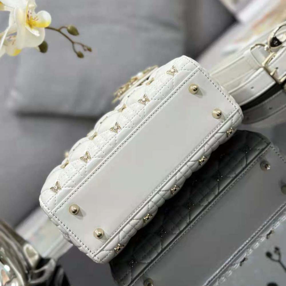 Dior Women Small Lady Dior Bag White Cannage Lambskin with Gold-Finish Butterfly Studs - image 5