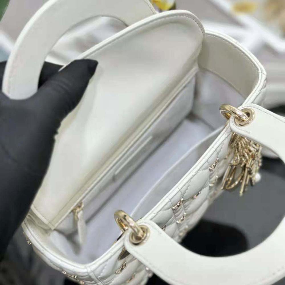 Dior Women Small Lady Dior Bag White Cannage Lambskin with Gold-Finish Butterfly Studs - image 8