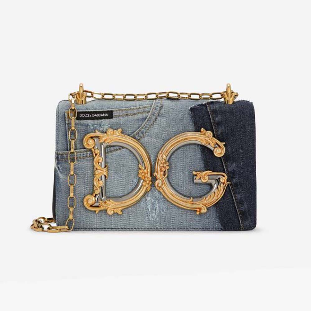Front view of Dolce Gabbana D&G Women DG Girls Bag in patchwork denim