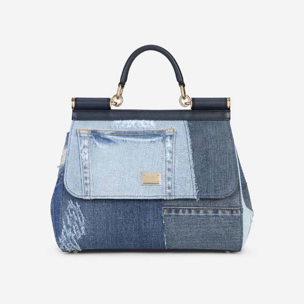 Front view of Dolce Gabbana D&G Women Large Sicily Handbag-Blue with clasp