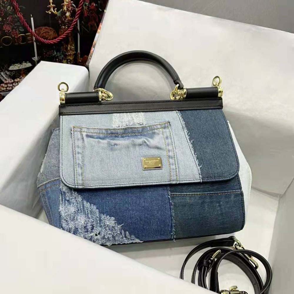 Close-up detail of gold clasp on Dolce Gabbana D&G Large Sicily Handbag Blue