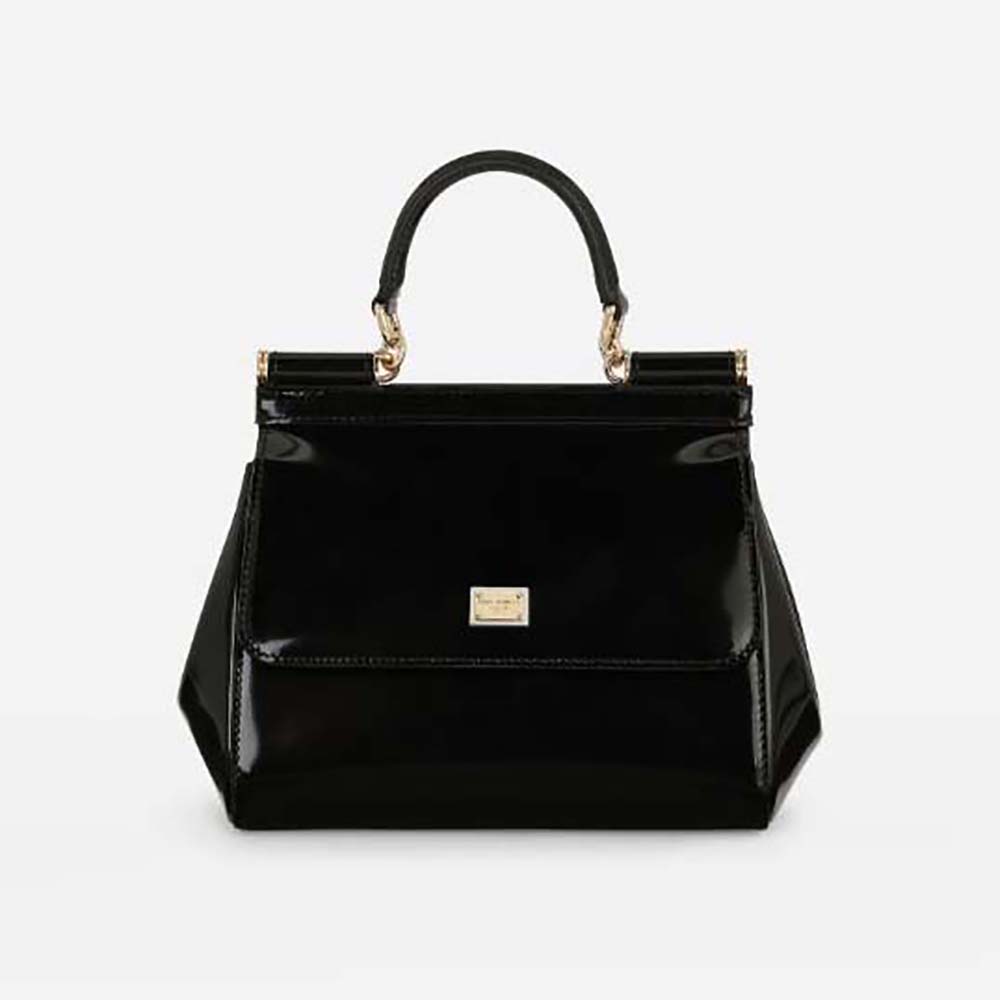 Front view of Dolce Gabbana D&G Women Medium Sicily Handbag-Black showing gold logo