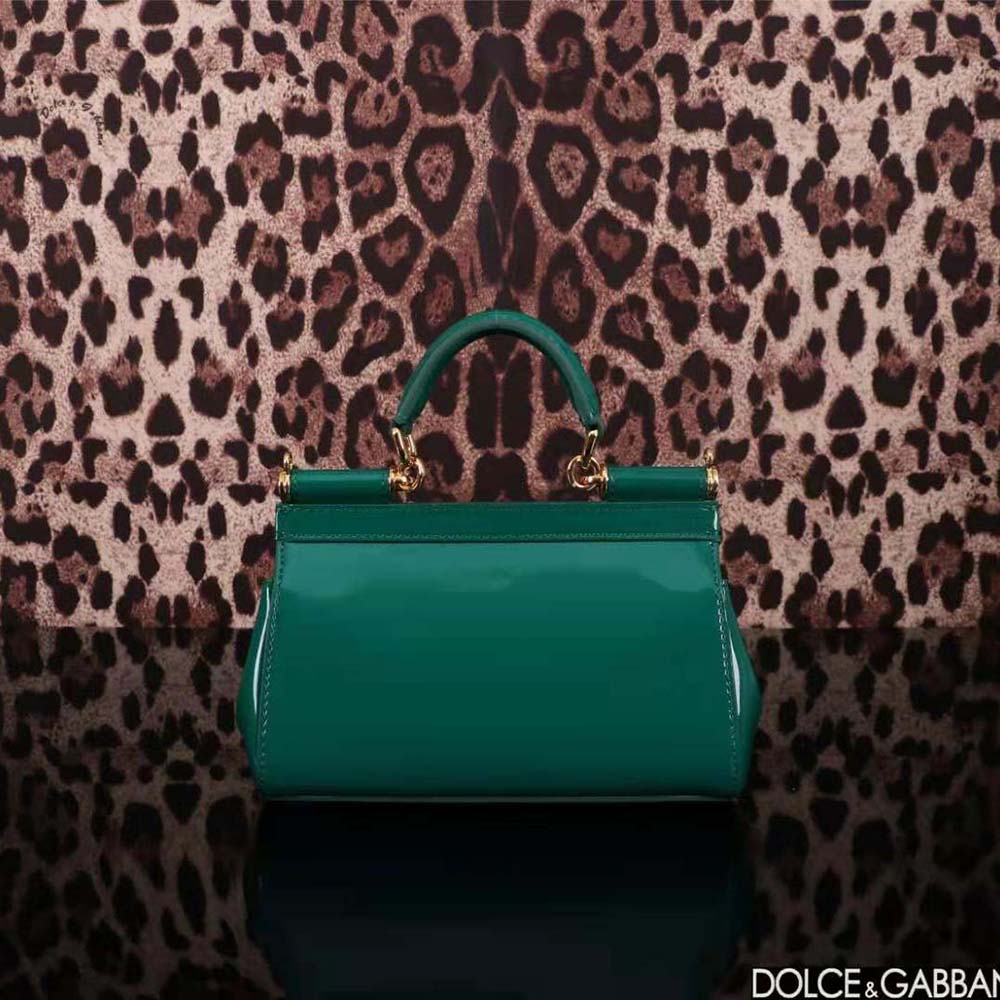 Side angle showing structured silhouette of Dolce Gabbana D&G Women Small Sicily Handbag-Green