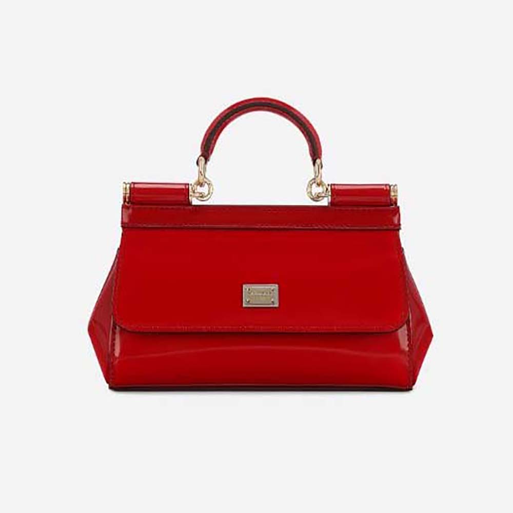 Front view of Dolce Gabbana D&G Women Small Sicily Handbag-Red with gold clasp