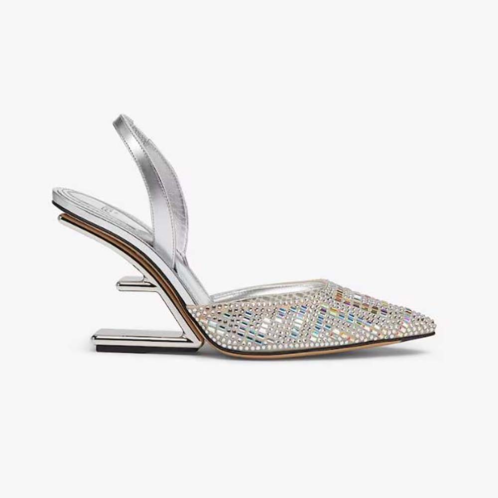 Side angle of Fendi First Silver-colored Rhinestone High-heeled Slingbacks highlighting heel
