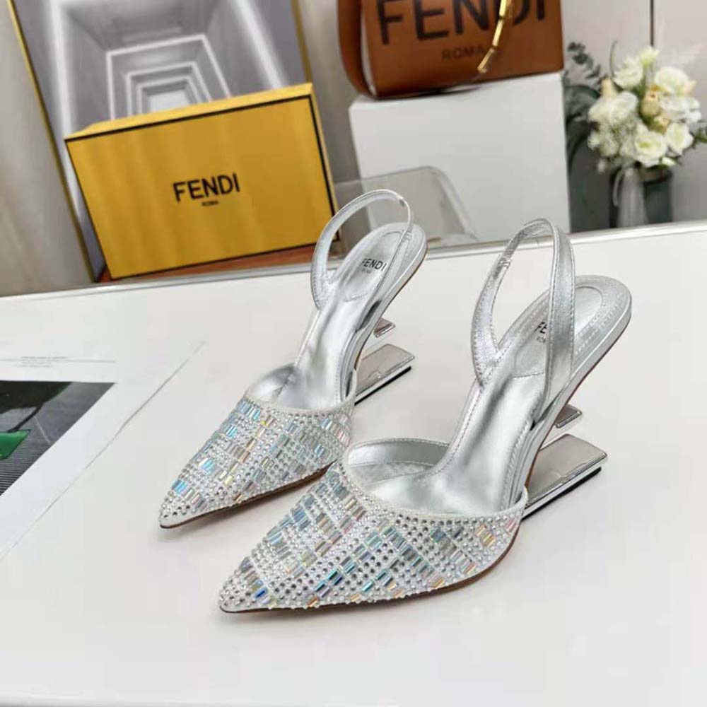 Back view of Fendi First Silver-colored Rhinestone High-heeled Slingbacks showing slingback strap