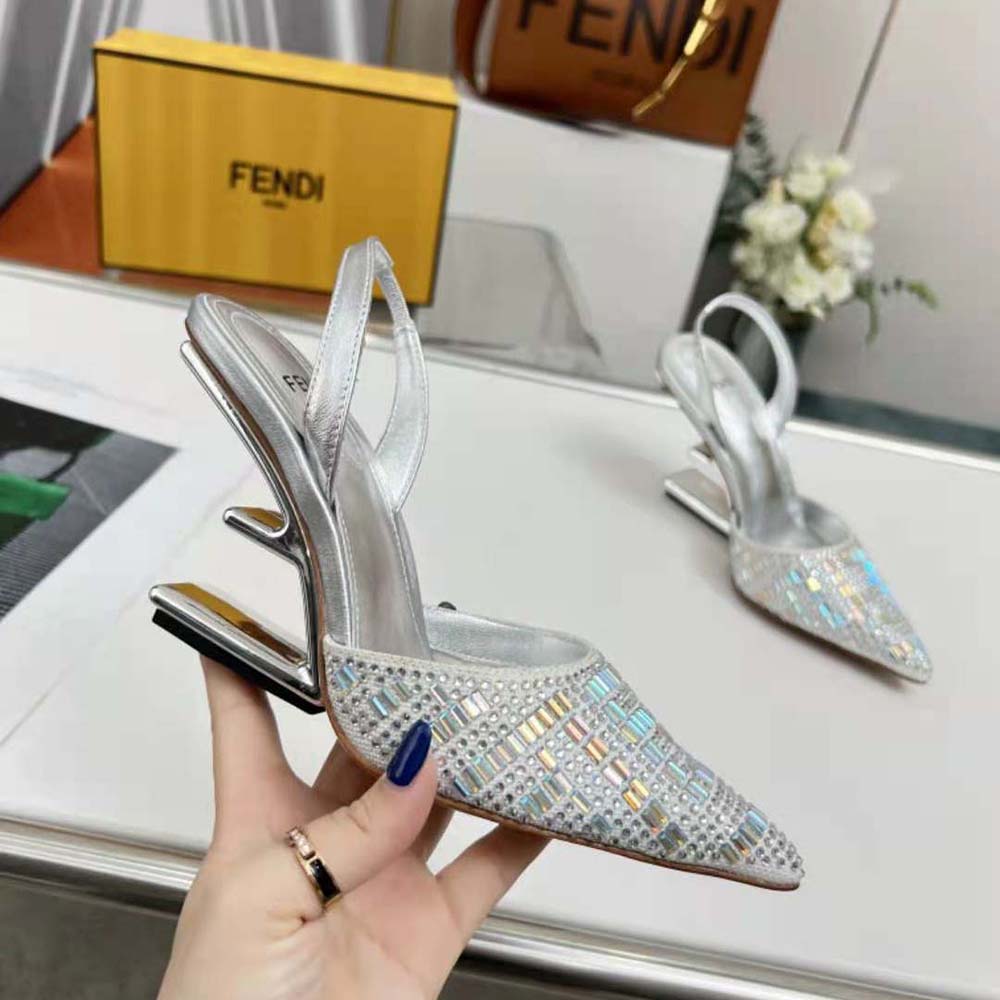 Fendi First Silver-colored Rhinestone High-heeled Slingbacks - image 6