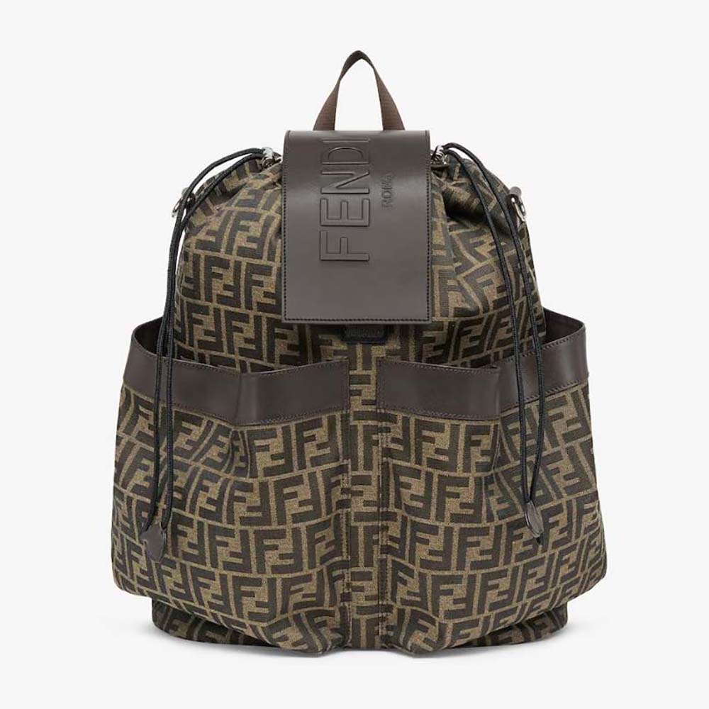 Front view of Fendi Men Strike Large FF Jacquard Fabric Backpack-Brown