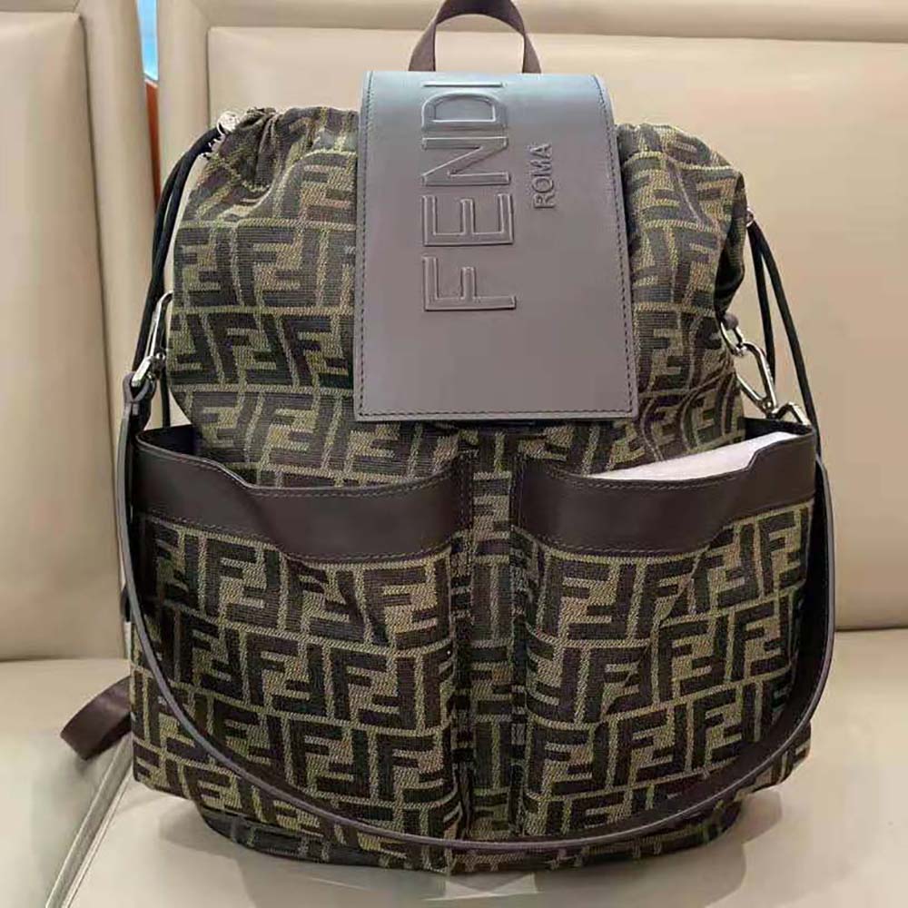 Side profile showing zipper detail on Fendi Men Strike Large FF Jacquard Fabric Backpack-Brown