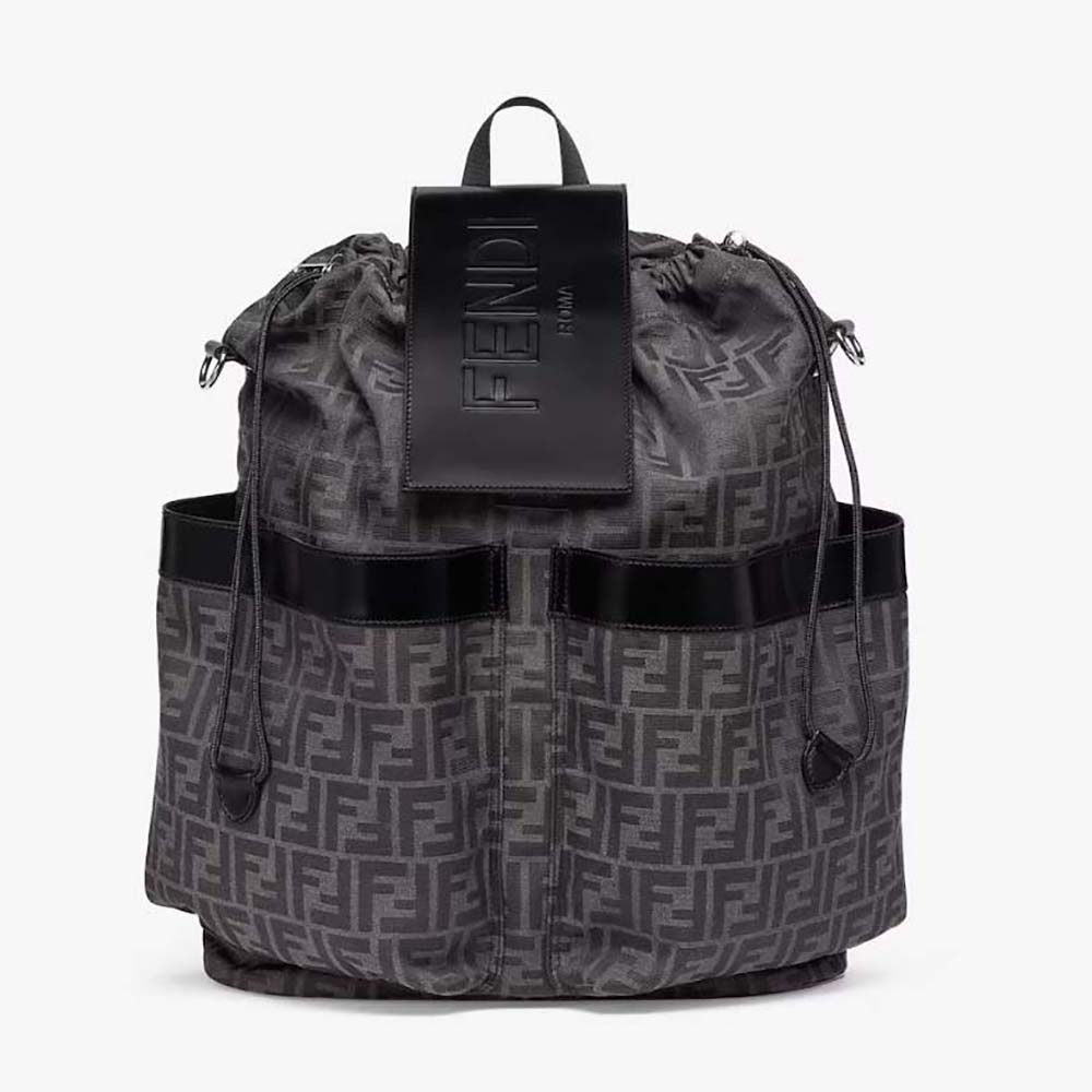 Front view of Fendi Men Strike Large FF Jacquard Fabric Backpack-Gray
