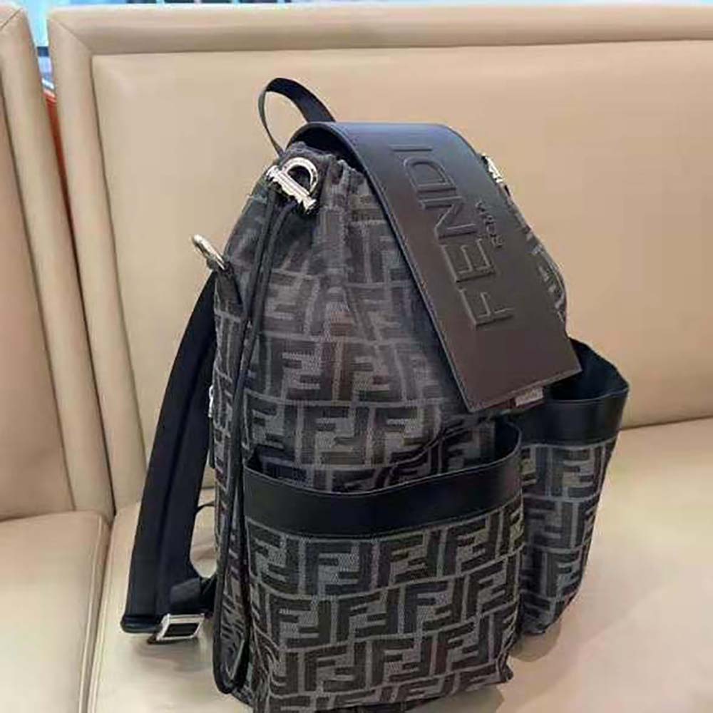 Back and adjustable straps detail of Fendi Men Strike Large FF Backpack