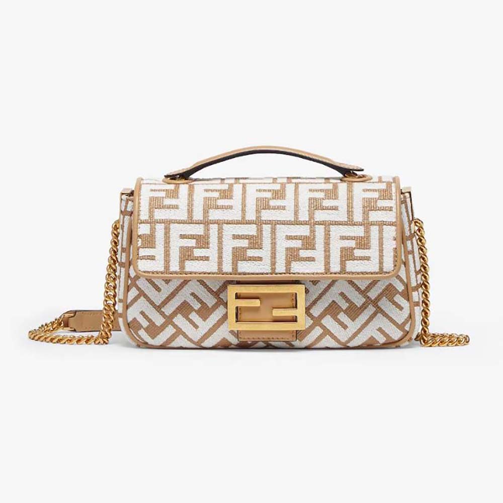 Front view of Fendi Women Baguette Chain Midi Raffia Bag beige with FF motif