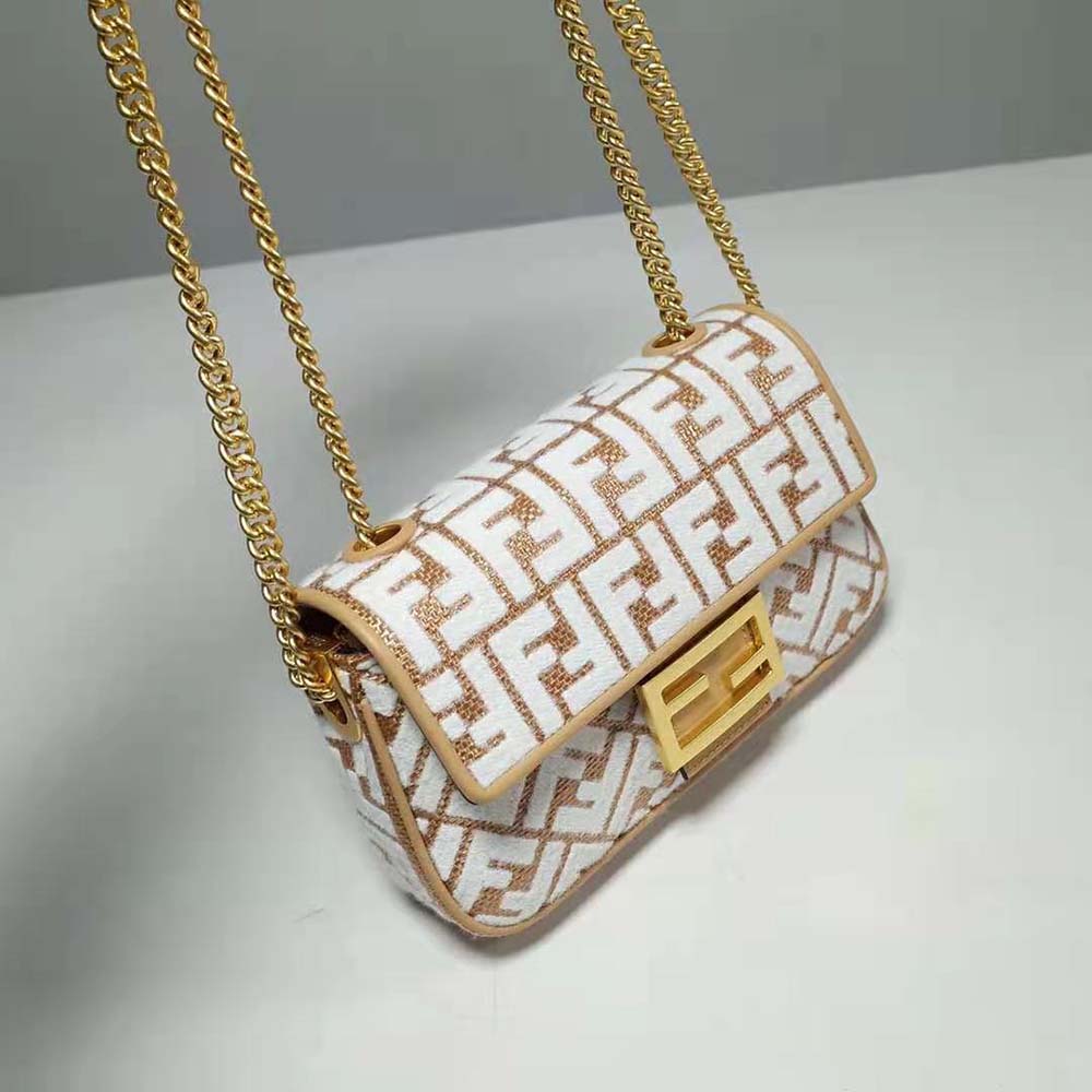 Fendi Women Baguette Chain Midi Raffia Bag with White Tapestry Fabric FF Motif - image 4