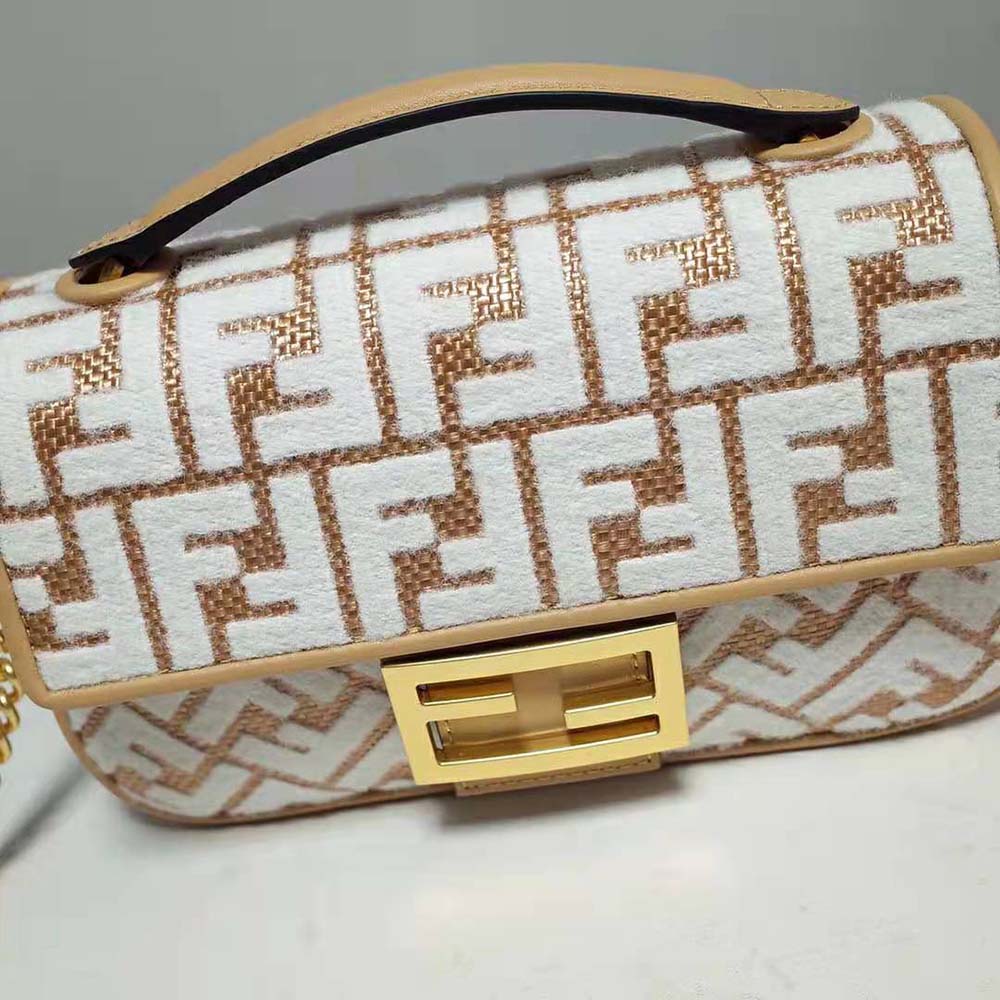 Fendi Women Baguette Chain Midi Raffia Bag with White Tapestry Fabric FF Motif - image 6