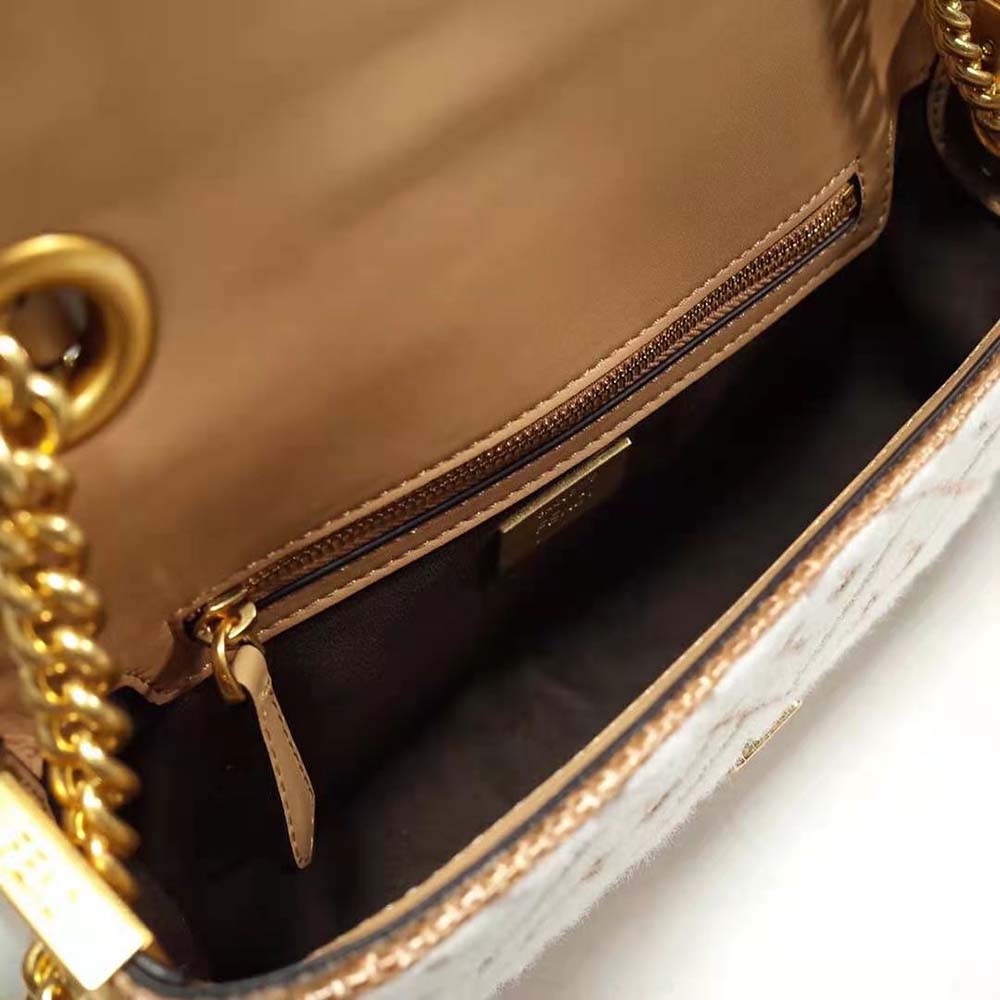 Fendi Women Baguette Chain Midi Raffia Bag with White Tapestry Fabric FF Motif - image 9