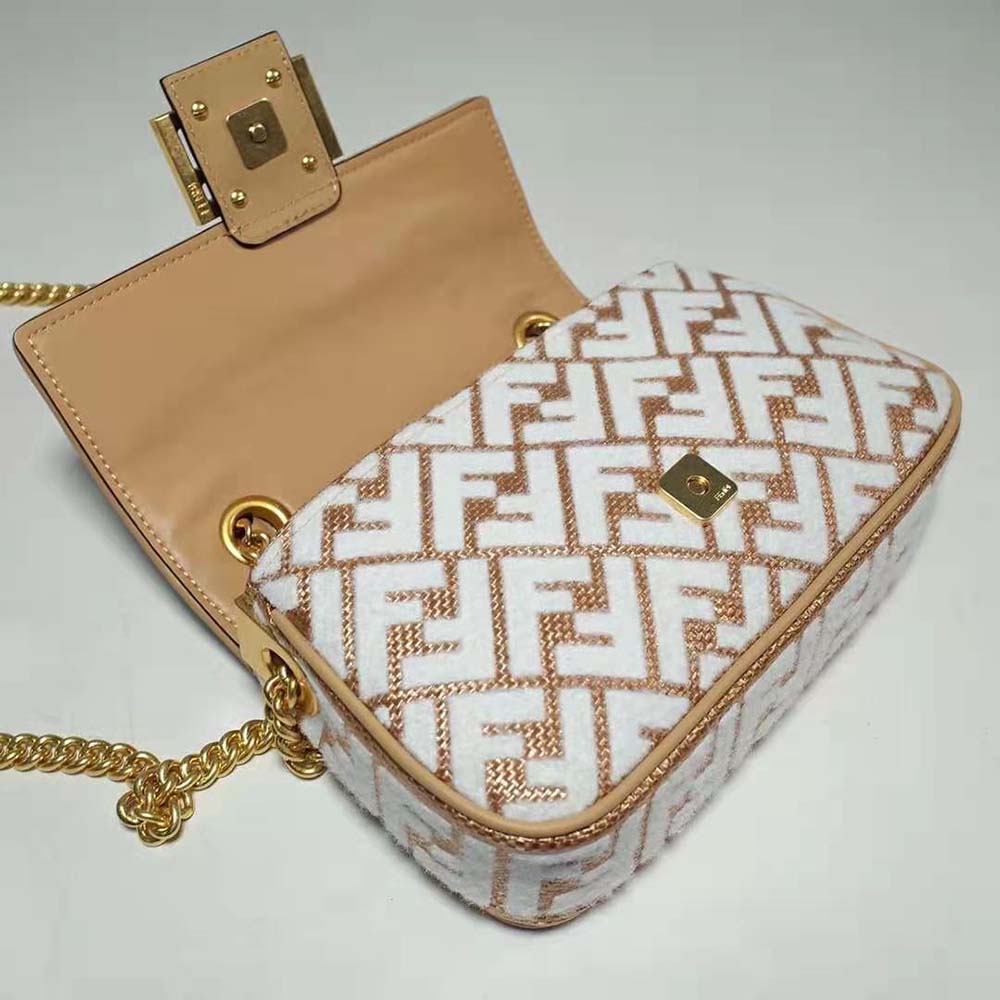 Fendi Women Baguette Chain Midi Raffia Bag with White Tapestry Fabric FF Motif - image 7