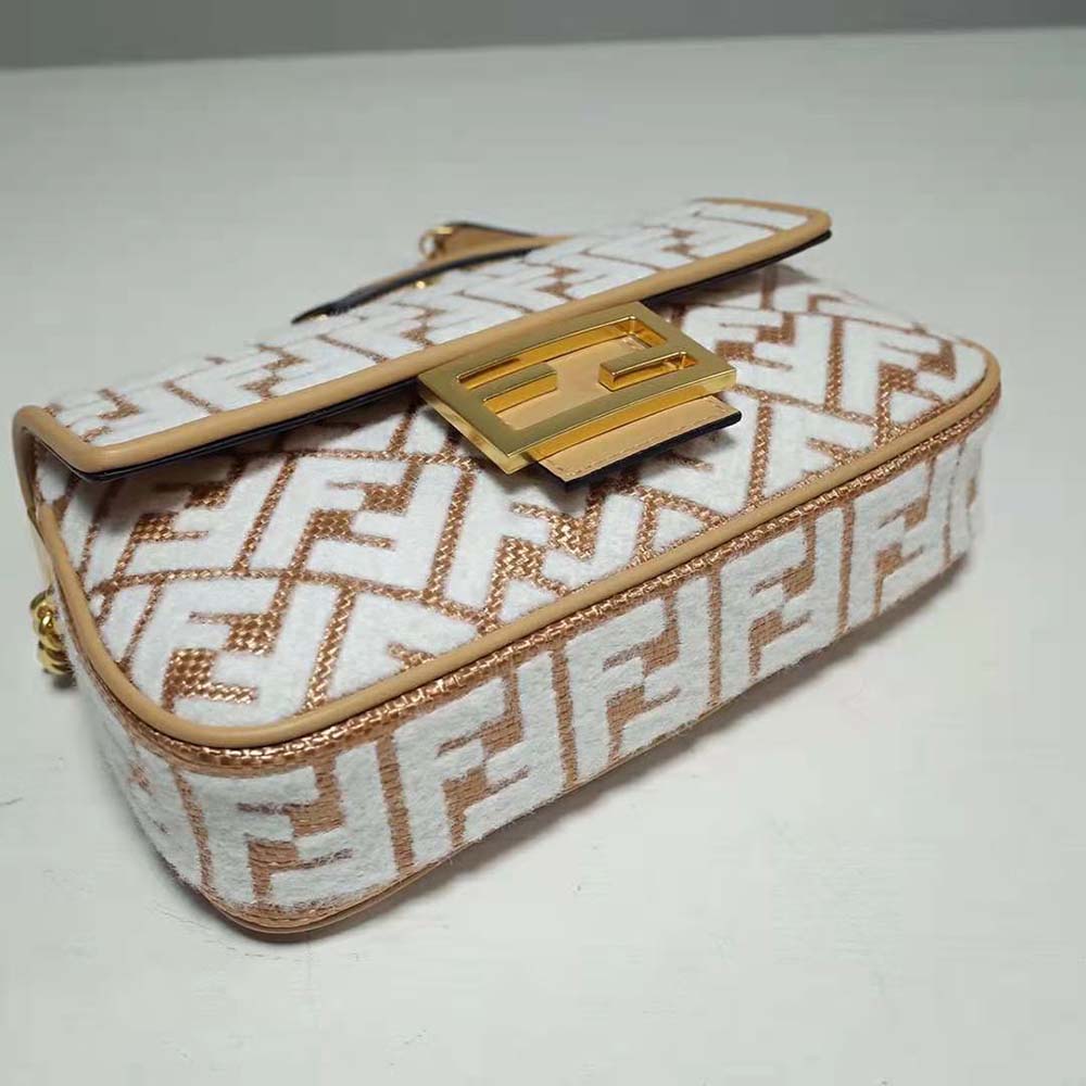 Fendi Women Baguette Chain Midi Raffia Bag with White Tapestry Fabric FF Motif - image 5