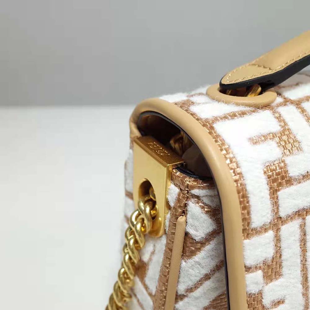 Fendi Women Baguette Chain Midi Raffia Bag with White Tapestry Fabric FF Motif - image 8