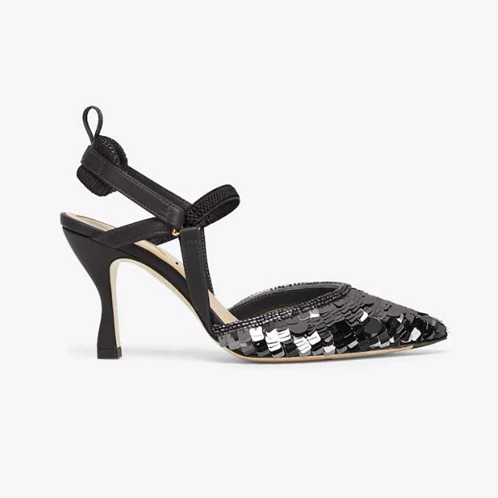Side view of Fendi Women Colibrì Lite Black Sequin High-heeled Slingbacks