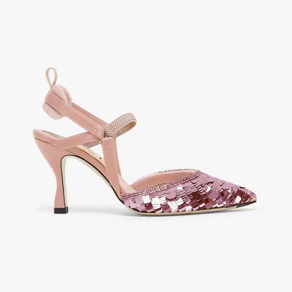 Side view of Fendi Women Colibrì Lite Pink Sequin High-heeled Slingbacks
