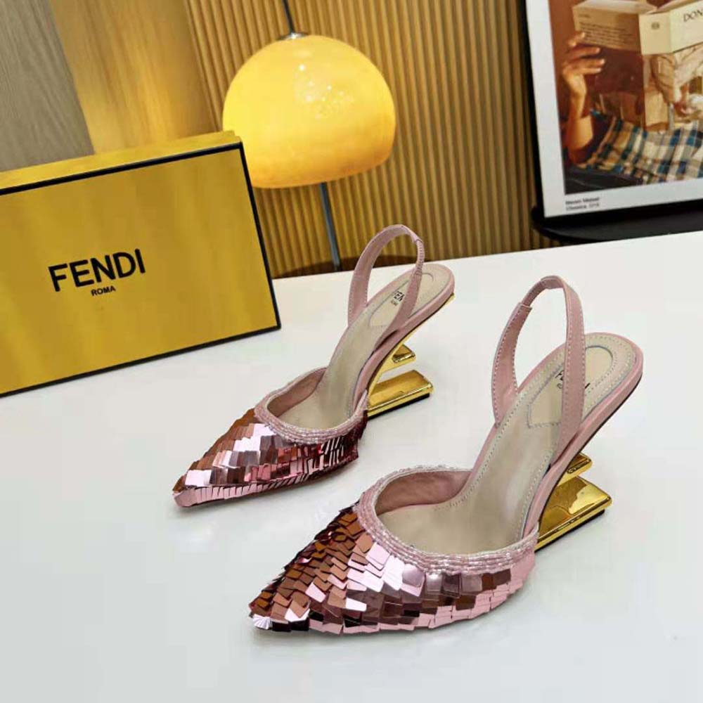 Back angle showing adjustable slingback strap on Fendi heels