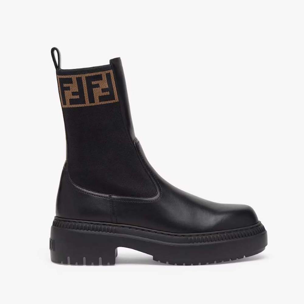 Side profile of Fendi Women Domino Black Leather Biker Boots