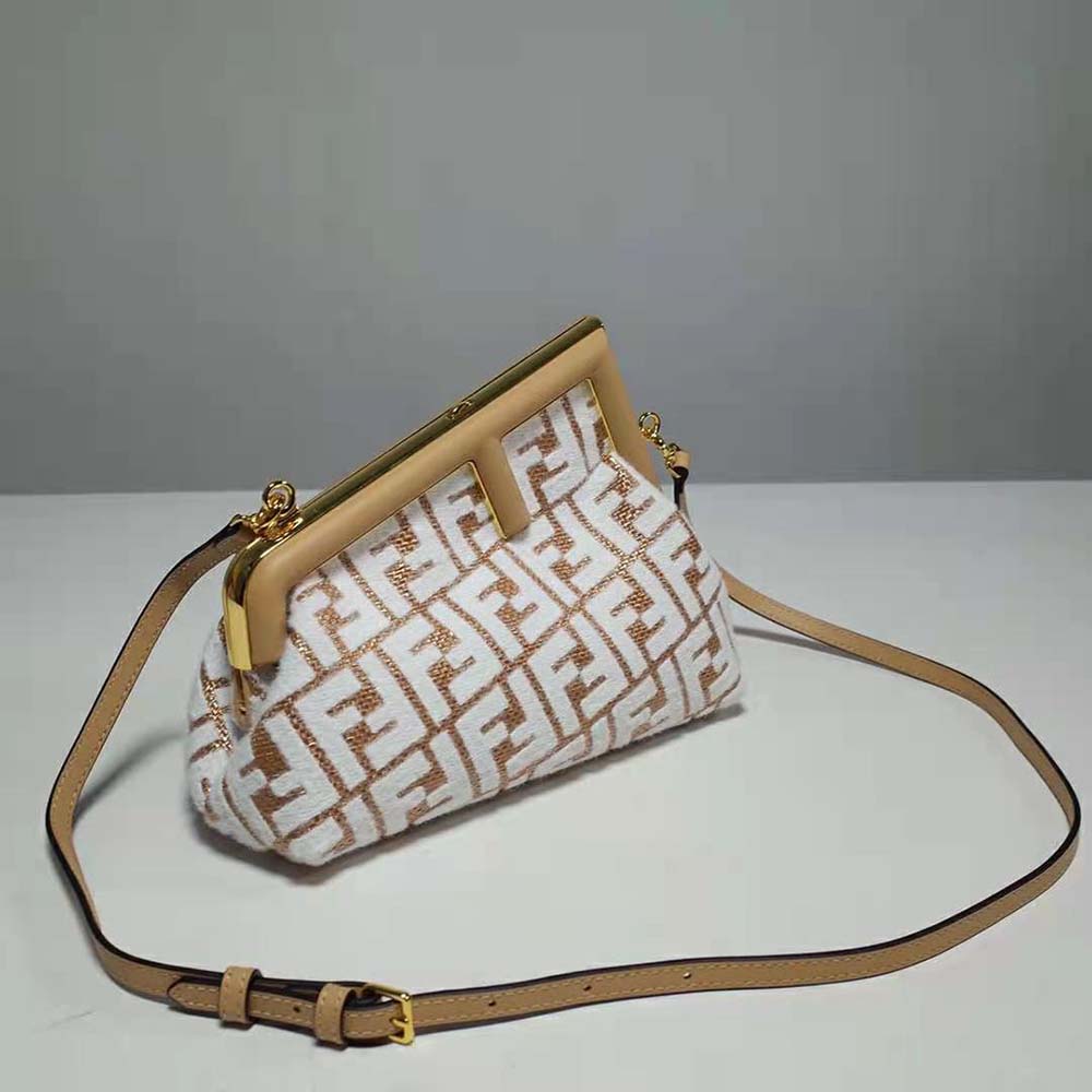 Fendi Women First Small Raffia Bag with White Tapestry Fabric FF Motif - image 5