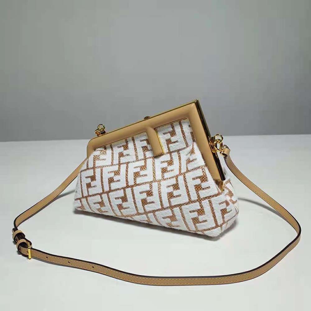 Fendi Women First Small Raffia Bag with White Tapestry Fabric FF Motif - image 4