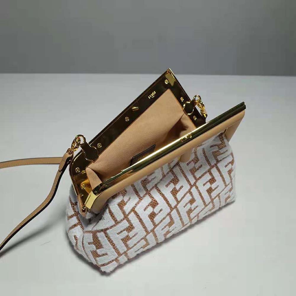 Fendi Women First Small Raffia Bag with White Tapestry Fabric FF Motif - image 7