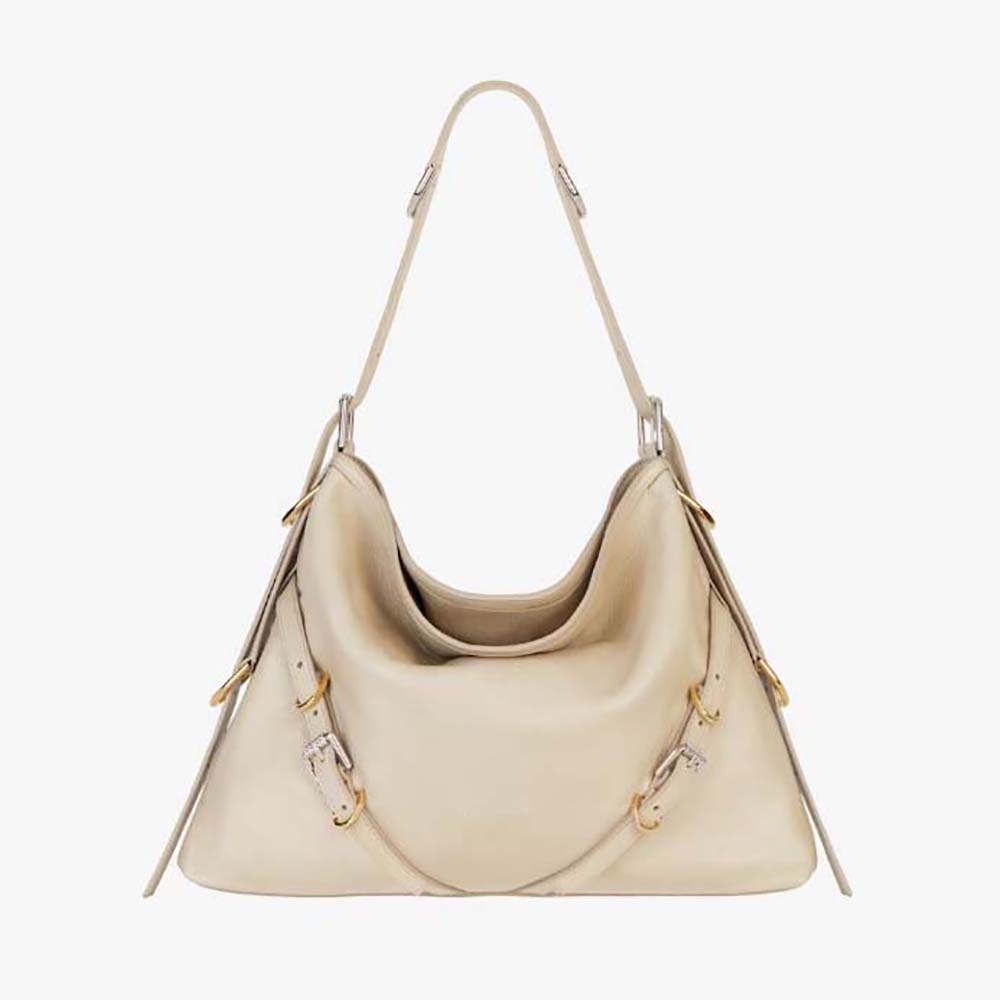Front angle of Givenchy Women Medium Voyou Bag in Leather-Beige with gold hardware
