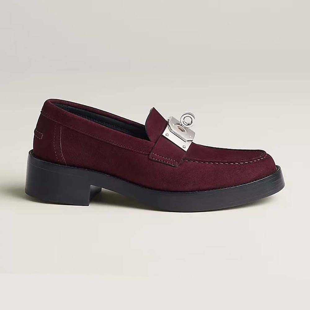 Side view of Hermes Men Hot Loafer in Suede Goatskin-Maroon