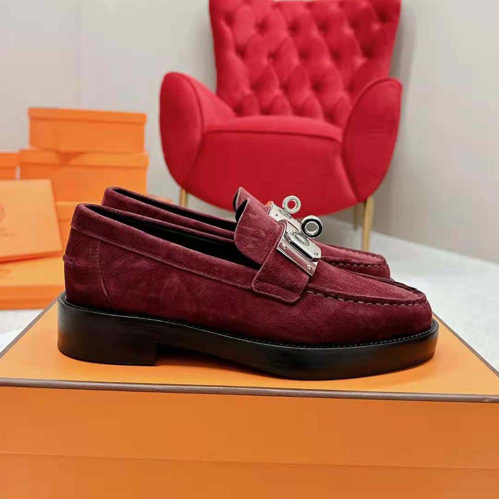 Hermes Men Hot Loafer in Suede Goatskin-Maroon - image 4