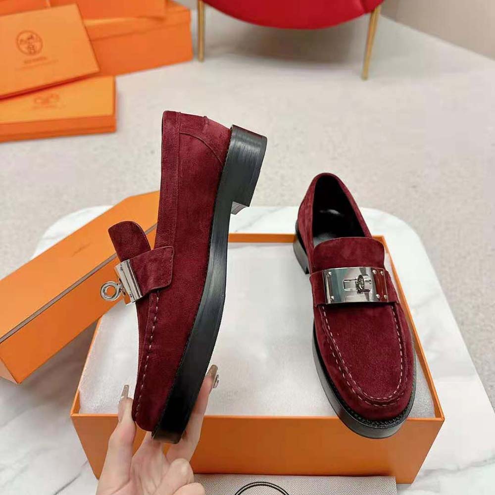 Hermes Men Hot Loafer in Suede Goatskin-Maroon - image 6