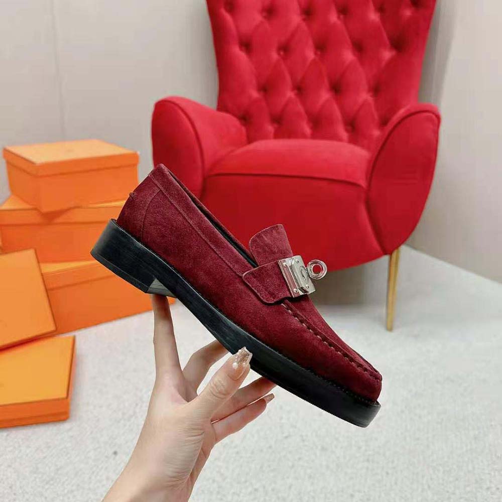 Hermes Men Hot Loafer in Suede Goatskin-Maroon - image 7