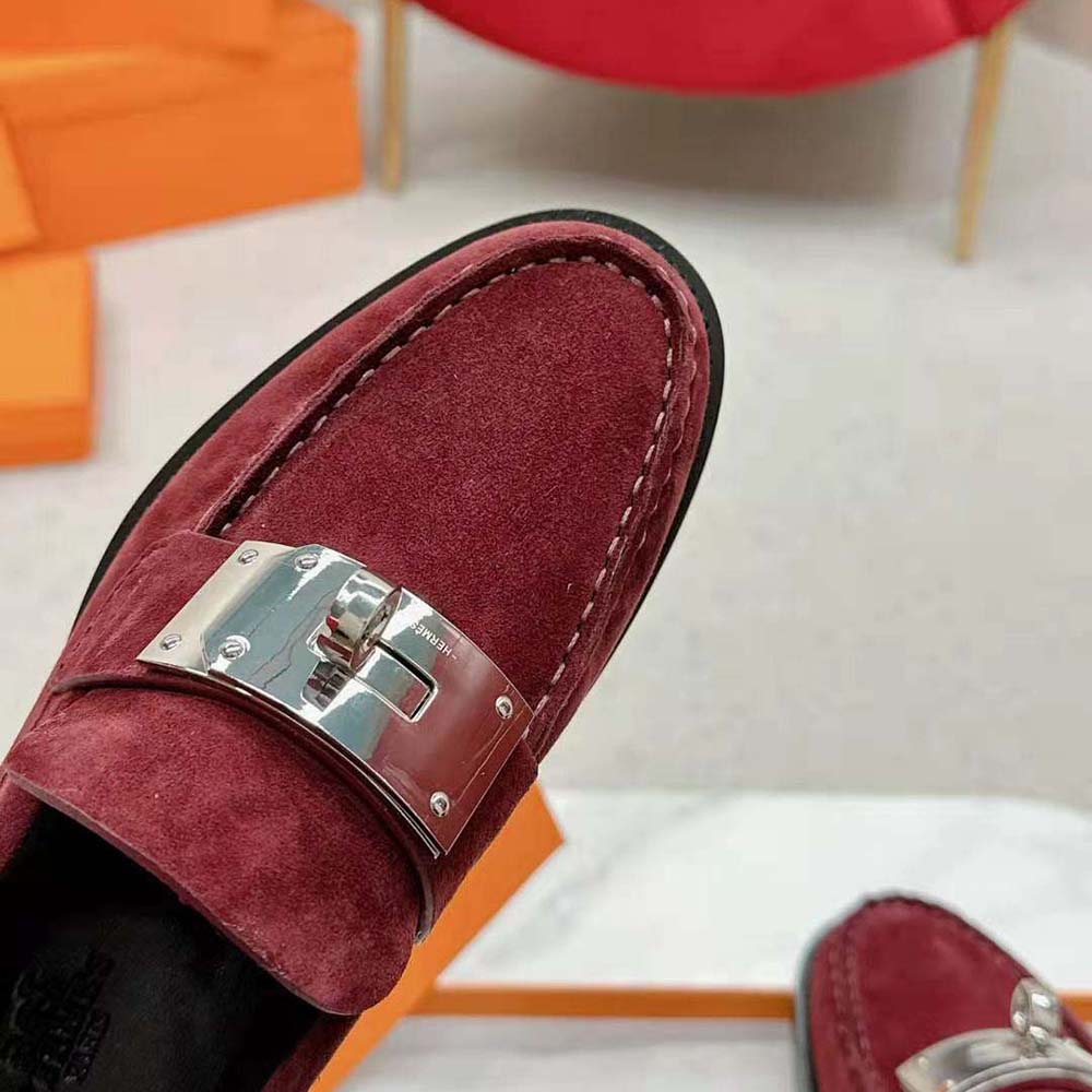 Hermes Men Hot Loafer in Suede Goatskin-Maroon - image 8