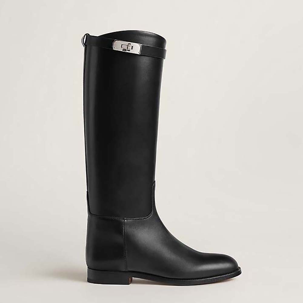 Side view of Hermes Women Jumping Boot in Box Calfskin-Black