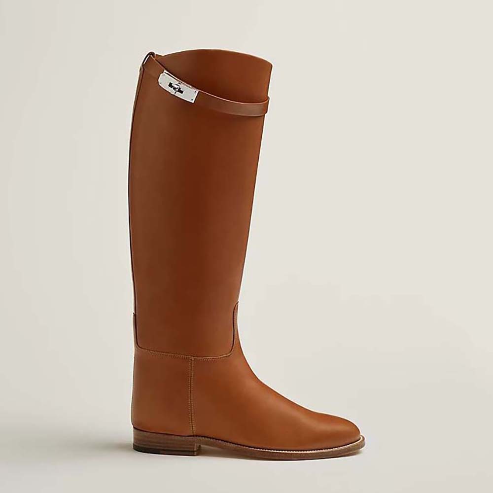 Front angle of Hermes Women Jumping Boot in Heritage Calfskin-Brown