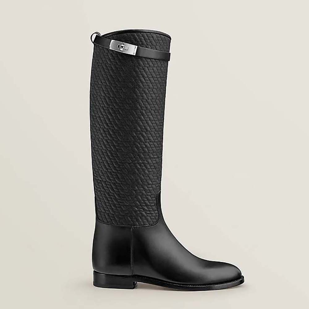 Side view of Hermes Women Jumping Boot in Quilted Canvas and Calfskin-Black