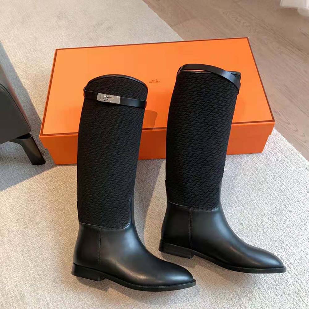Hermes Women Jumping Boot in Quilted Canvas and Calfskin-Black - image 4