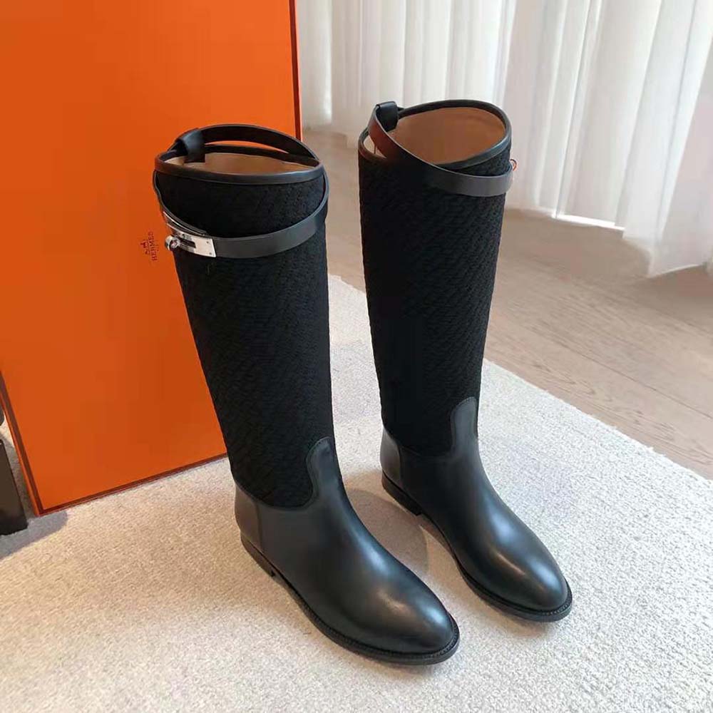 Close-up of quilted canvas and silver hardware on Hermes Women Jumping Boot