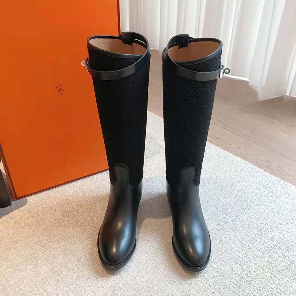 Top angle showing lace-up closure and black calfskin on Hermes Women Jumping Boot