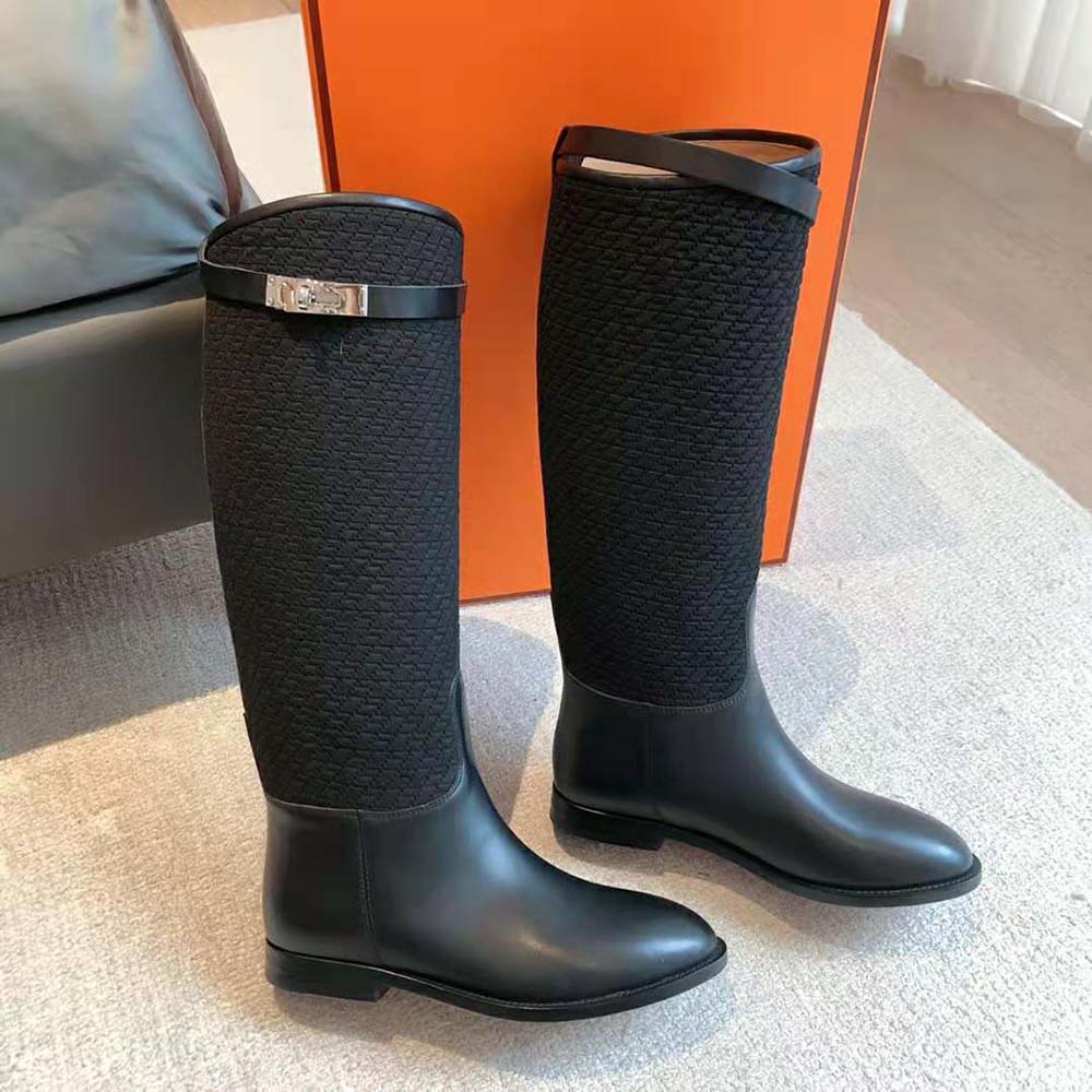 Hermes Women Jumping Boot in Quilted Canvas and Calfskin-Black - image 6