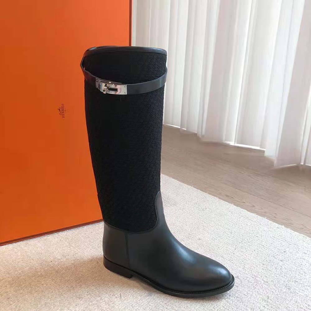 Hermes Women Jumping Boot in Quilted Canvas and Calfskin-Black - image 5