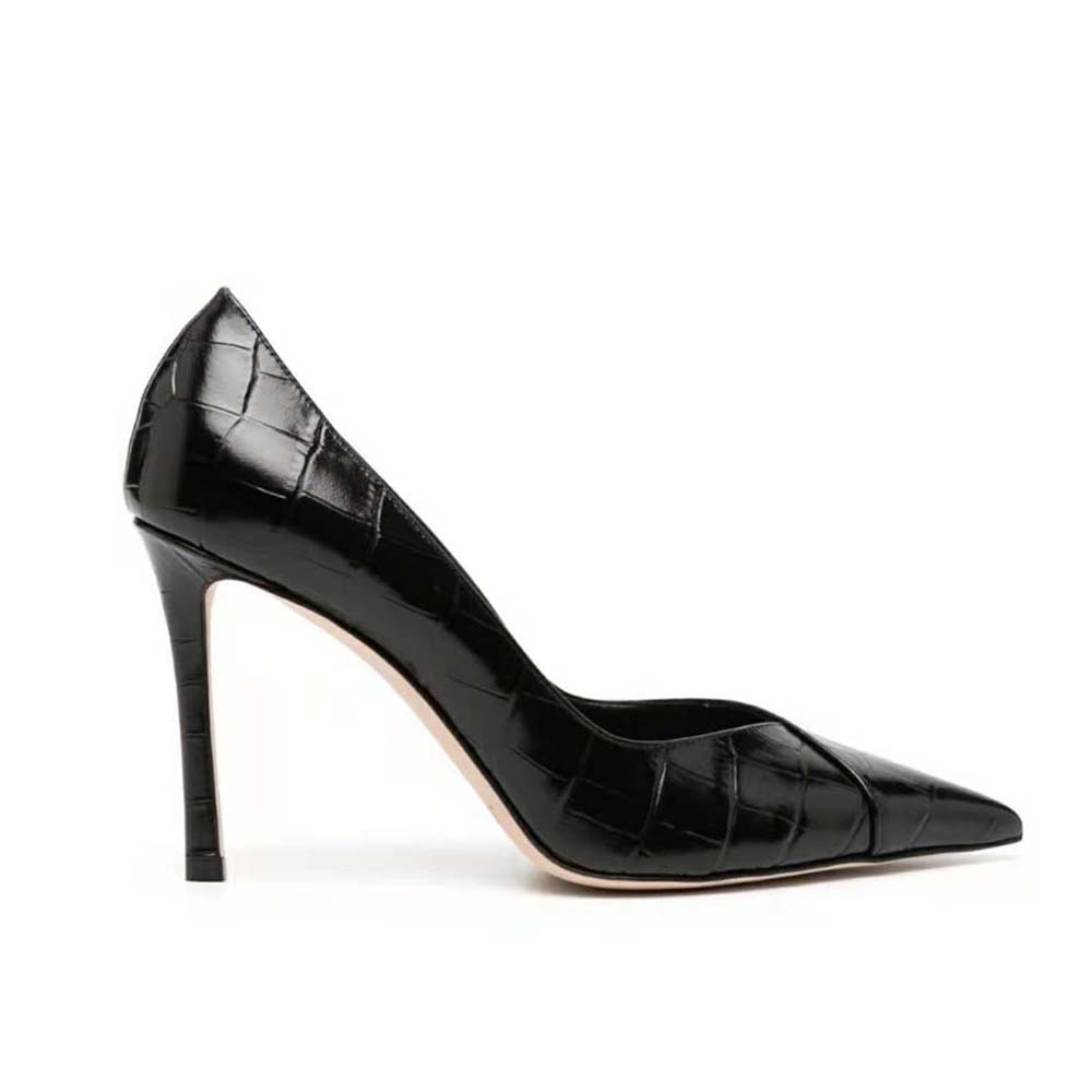 Side profile of Jimmy Choo Women Cass 95 Tan Croc-Embossed Leather Pumps-Black