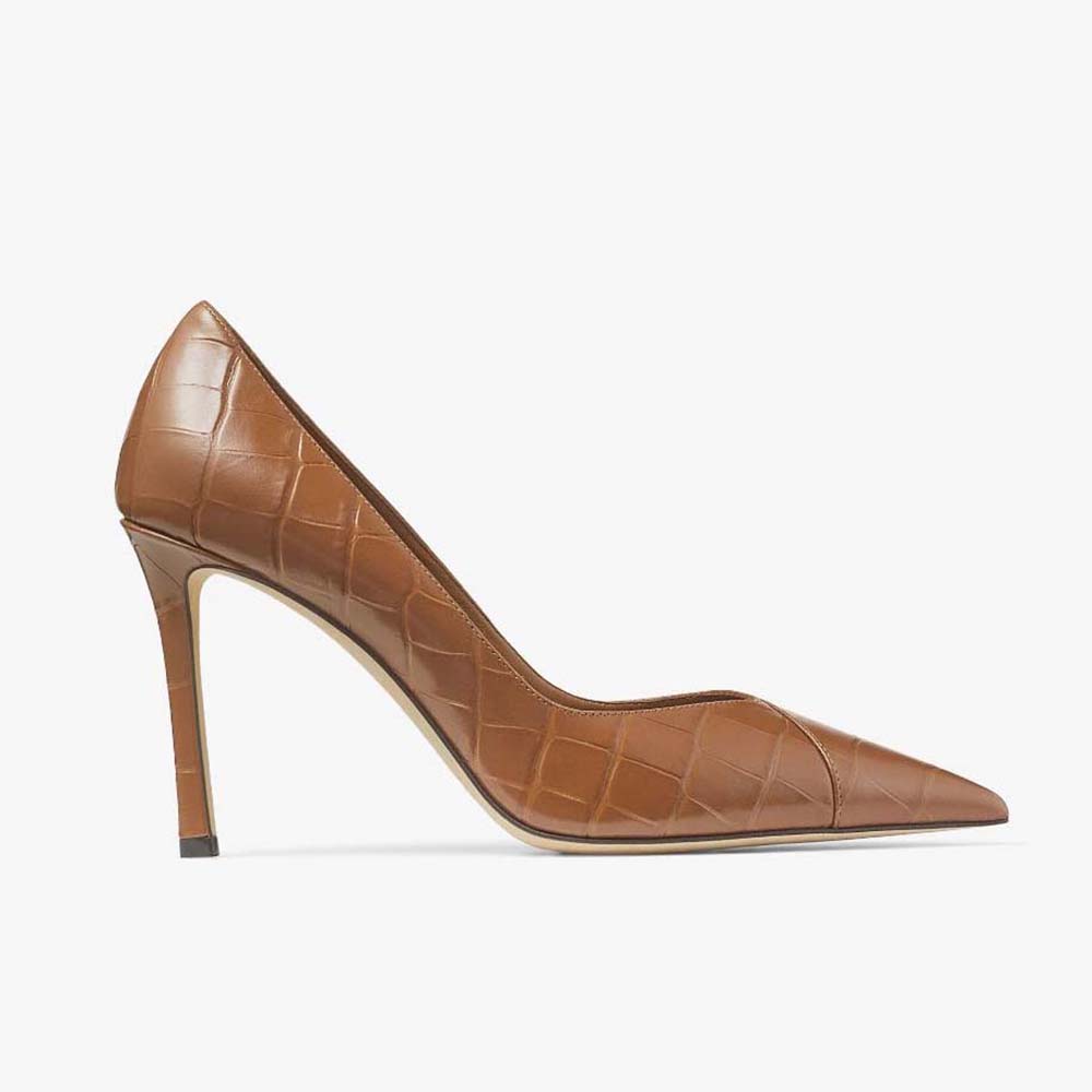 Side profile of Jimmy Choo Women Cass 95 Tan Croc-Embossed Leather Pumps-Brown
