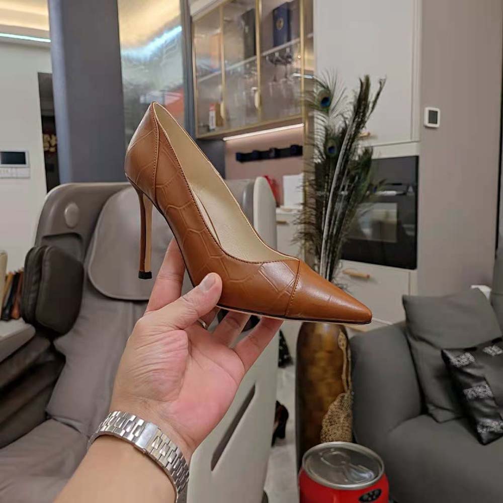 Jimmy Choo Women Cass 95 Tan Croc-Embossed Leather Pumps-Brown - image 7