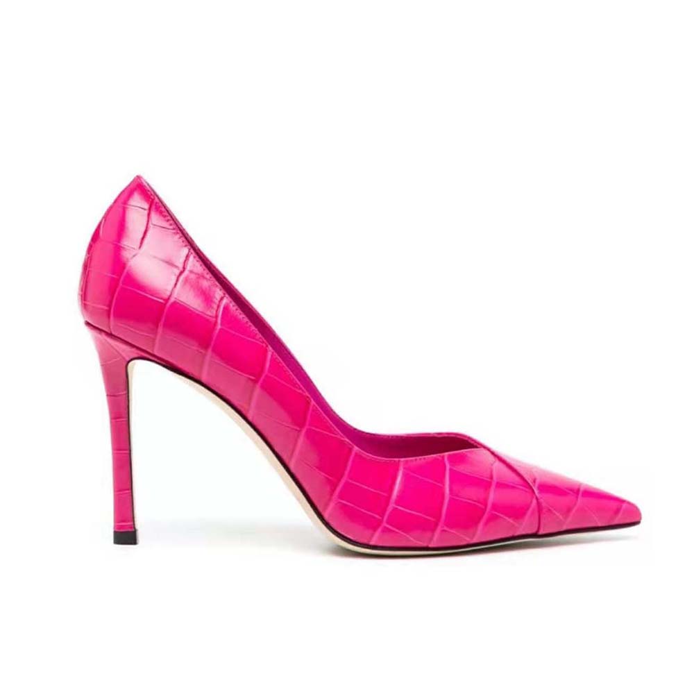 Side view of Jimmy Choo Women Cass 95 Tan Croc-Embossed Leather Pumps-Pink