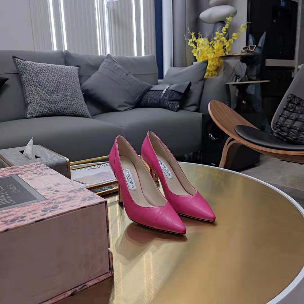 Rear angle showing 95mm stiletto heel on Jimmy Choo Cass 95 Pink pumps