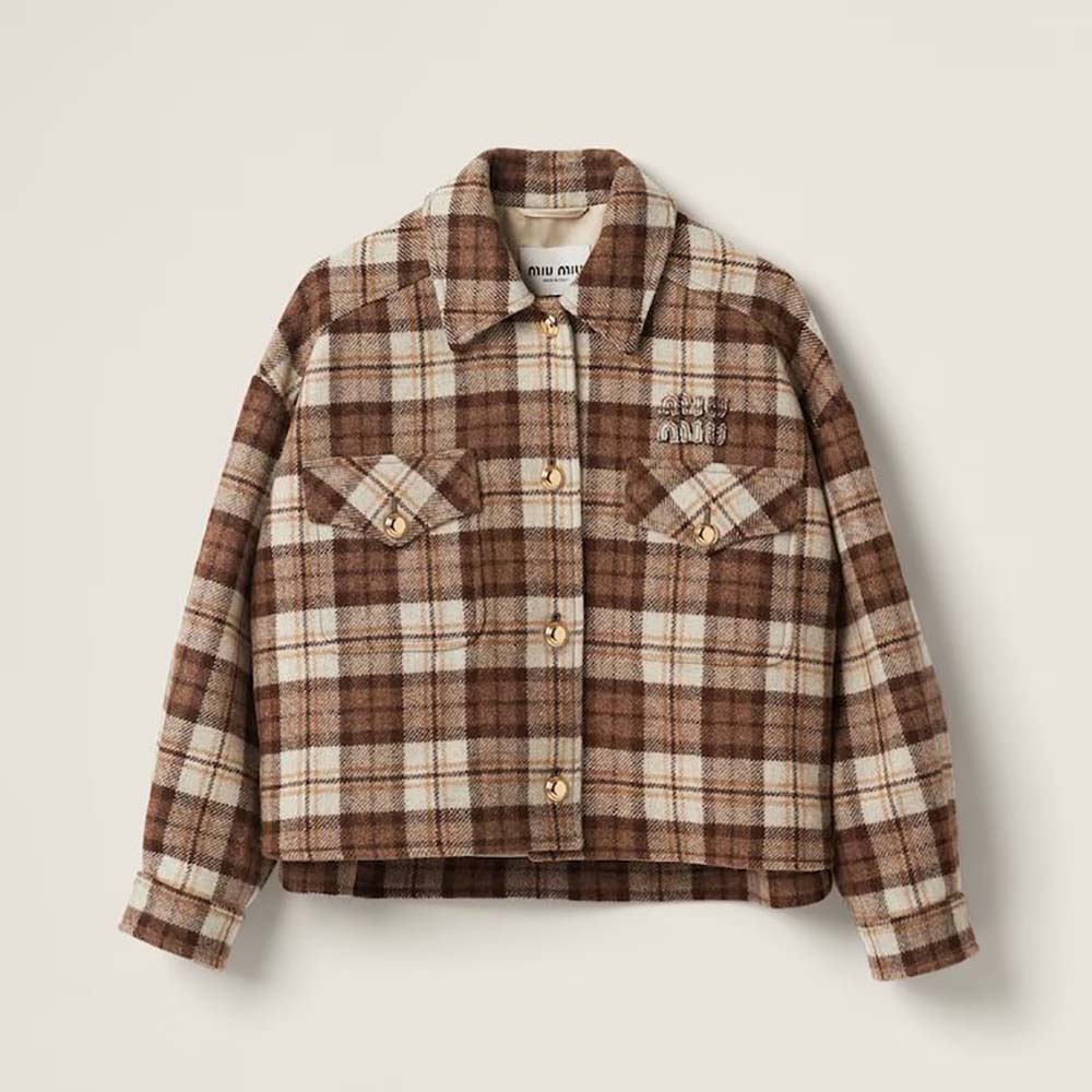 Front view of Miu Miu Women Check Blouson Jacket with Embroidered Logo in brown